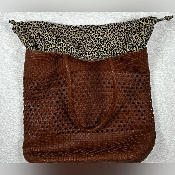 Talbots Woven Leather Tote Bag 100% Cotton Lining with Drawstring - Picture 5 of 14